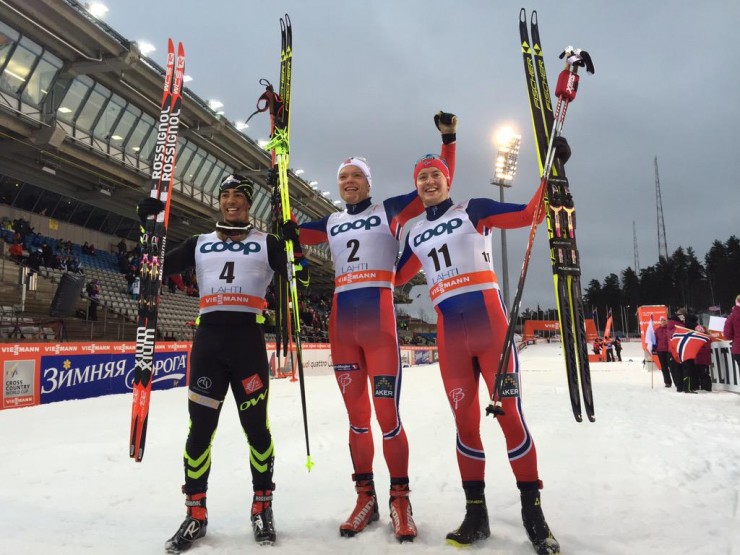 Norway's Eirik Brandsdal (c) won Saturday's 1.5 k freestyle sprint at the World Cup in Lahti, Finland, ahead Norway's Sindre Bjørnestad Skar (r) and France's Richard Jouve (l), both of which achieved their first-ever World Cup podiums. (Photo: FIS Cross Country/Twitter)