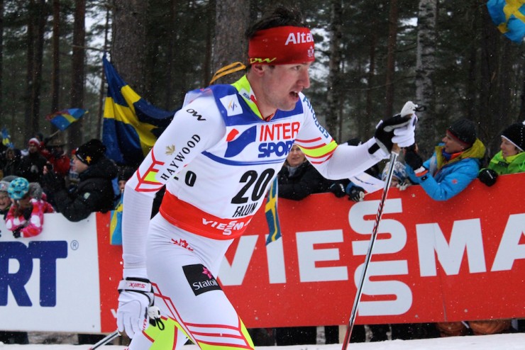 Ivan Babikov (Canada) leading around 34 k into the men's 50 k classic mass start at 2015 World Championships in Falun, Sweden. He went on to place 30th.