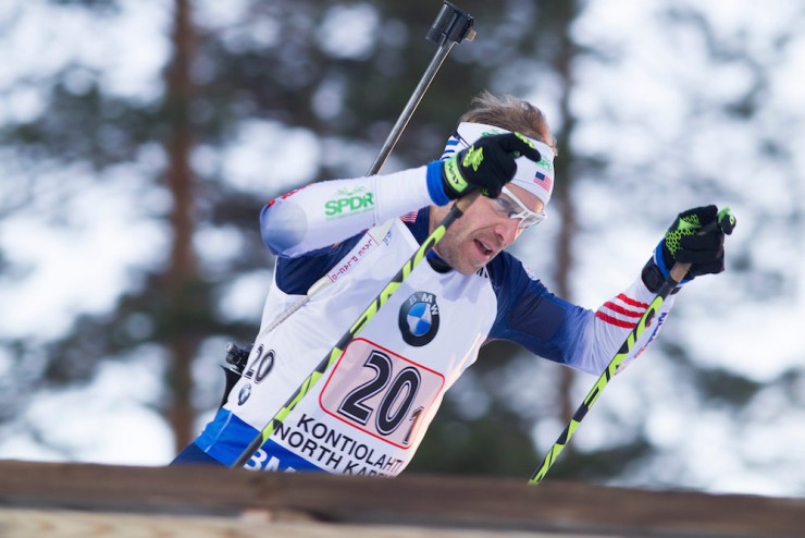 Lowell Bailey (US Biathlon) led early as the first leg in the men's 4 x 7.5 k relay at 2015 IBU World Championships and ultimately handed off in seventh. The U.S. ended up 14th with two penalties and 11 spares in Kontiolahti, Finland. (Photo: USBA/NordicFocus)