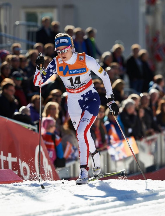 Sadie Bjornsen (U.S. Ski Team) racing to ninth in the 1.3 k classic-sprint qualifier on Wednesday at the World Cup in Drammen, Norway. In the last sprint of the season, Bjornsen went on to place sixth in her quarterfinal for 26th overall. (Photo: Fischer/NordicFocus)
