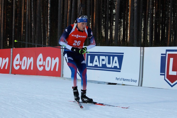 Tim Burke (US Biathlon) approaches the range during the men's 15 k mass start on the last day of 2015 IBU World Championships in Kontiolahti, Finland. He went on to place 14th for his best result of the championships. 