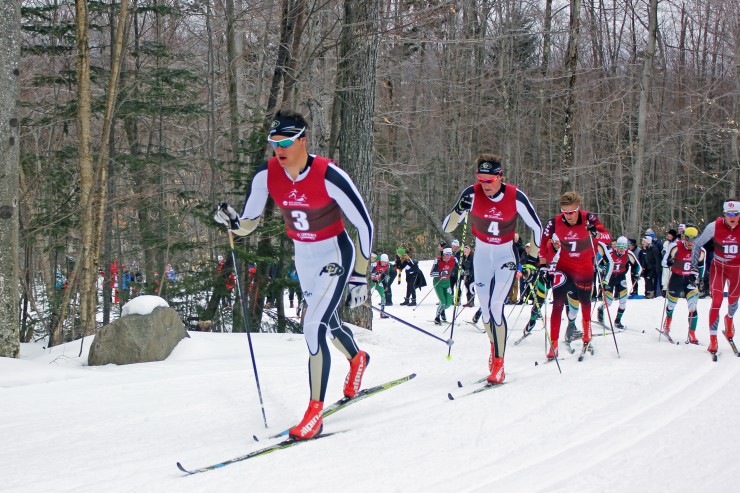Colorado's Rune Malo Ødegård leads teammate Mads Ek Strøm in the first lap of the 20 k classic mass start at the 2015 NCAA Championships. 