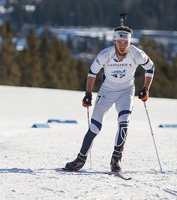 Casey Smith (Maine Winter Sports Center/U.S. Biathlon "B" Team) on his way to placing second in a NorAm mass start in Canmore, Alberta, in December 2014. (Photo: Jake Ellingson)