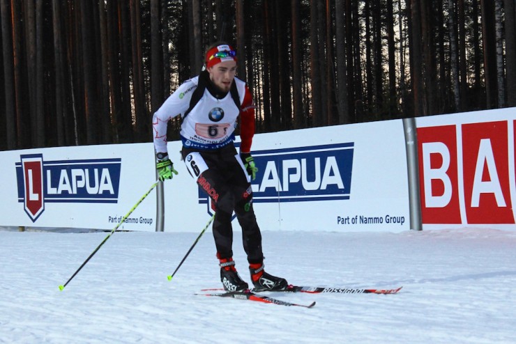 Christian Gow (Biathlon Canada) approaches the range for his standing stage during the men's 7.5 k relay at 2015 IBU World Championships in Kontiolahti, Finland.