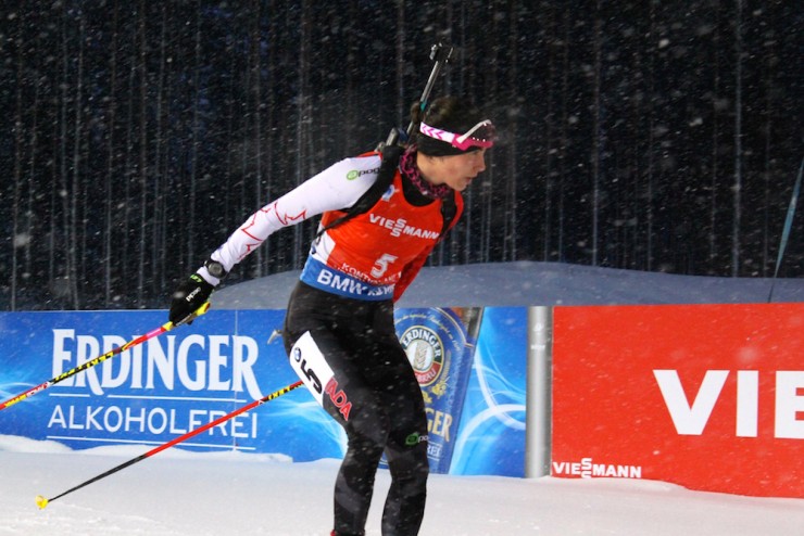 Rosanna Crawford (Biathlon Canada) racing at 2015 IBU World Championships in Kontiolahti, Finland. 