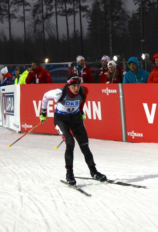 Rosanna Crawford (Biathlon Canada) on her way to 25th in the women's 10 k pursuit at 2015 IBU World Championships in Kontiolahti, Finland. She started 32nd.