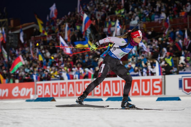 Rosanna Crawford (Biathlon Canada) racing the second leg in the women's 4 x 6 k relay at 2015 IBU World Championships in Kontiolahti, Finland. Despite a penalty, she brought her team from 14th to 11th, and the Canadians finished 10th. (Photo: Biathlon Canada/NordicFocus)