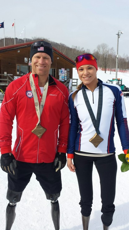 Lt. Cmdr. Dan Cnossen (l) and Oksana Masters with their gold medals from the  Asahikawa World Cup in Japan last month. (Photo: Eileen Carey/U.S. Paralympics Nordic)