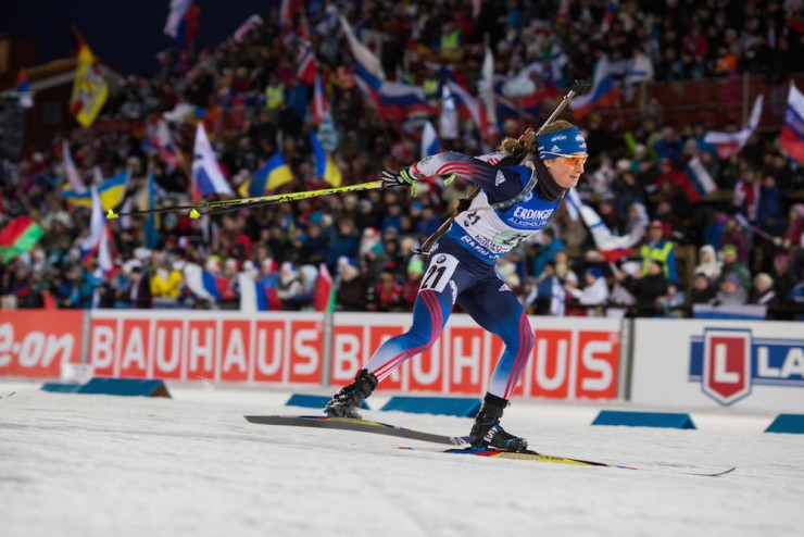 Hannah Dreissigacker (US Biathlon) skied the second leg for the U.S. in the women's 4 x 6 k relay at 2015 IBU World Championships in Kontiolahti, Finland. After receiving the tag from teammate Susan Dunklee in third, she came through the second exchange in 10th. The Americans finished 12th. (Photo: USBA/NordicFocus)