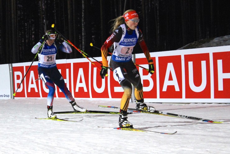 Susan Dunklee (US Biathlon) follows Germany's Franziska Hildebrand (r) into range for the first shooting in the women's 4 x 6 k relay at 2015 IBU World Championships in Kontiolahti, Finland. Germany went on to win, and the Americans placed 12th to match their season best.