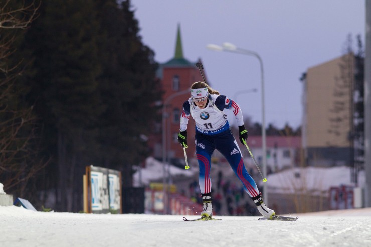 Susan Dunklee (US Biathlon) racing to 26th in the IBU World Cup 7.5 k sprint on Friday in Khanty-Mansiysk, Russia. (Photo: USBA/NordicFocus)