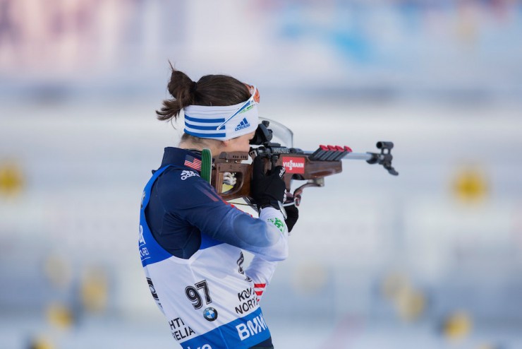 Clare Egan (US Biathlon) during one of two shooting stages in the women's 15 k individual at IBU World Championships on Wednesday in Kontiolahti, Finland. She placed 51st for her second-best result of World Championships and her career. (Photo: USBA/NordicFocus)