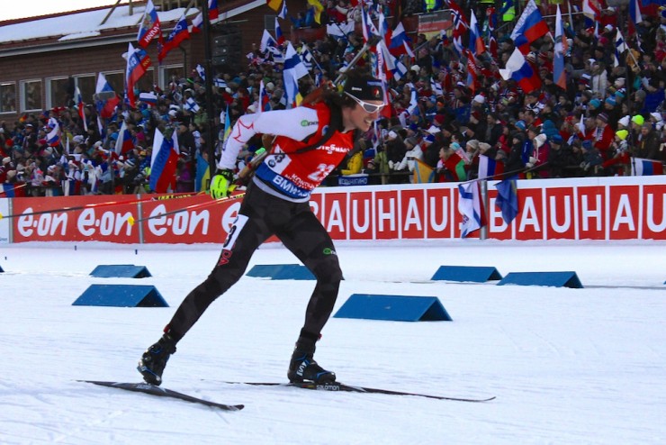 Brendan Green (Biathlon Canada) racing the men's 15 k mass start on the last day of 2015 IBU World Championships in Kontiolahti, Finland. While he skied up to fifth with clean shooting through the first three stages, he ended up 19th with a miss on the last stage and placed 21st.