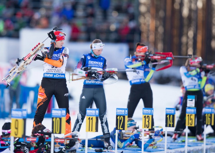 US Biathlon's Annelie Cook (second from l) on the range with Slovakia's Jana Gerekova (l), among others during one of her two standing stages in the 15 k individual on Wednesday at IBU World Championships in Kontiolahti, Finland. (Photo: USBA/NordicFocus) 