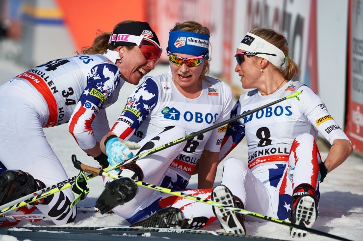 USST's Caitlin Gregg (r), Jessie Diggins (c) and Liz Stephen (r) in the finish of the 2015 Holmenkollen 30 k. Stephen led the three in ninth, while Diggins and Gregg Placed 14th and 19th. (Photo: Madshus/Nordic Focus)  