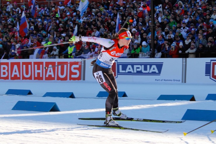Megan Heinicke (Biathlon Canada) on her way to 24th in the women's 12.5 k mass start at 2015 IBU World Championships on Sunday in Kontiolahti, Finland. It was only the second mass start of the 26 year old's career. 