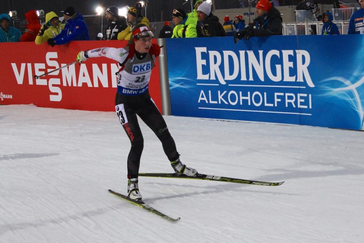 Megan Heinicke (Biathlon Canada) en route to 28th in the women's 10 k pursuit at 2015 IBU World Championships in Kontiolahti, Finland. She started 23rd.