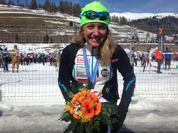 American Caitlin Gregg (Team Gregg/Madshus) placed third at the 2015 Engadin Skimarathon on Sunday. (Photo: Inge Scheve)