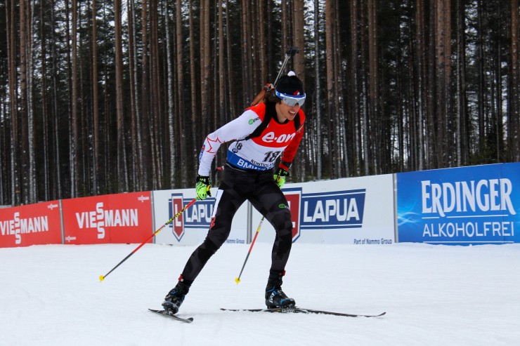 Canada's Brendan Green on his way to 21st in Saturday's 10 k sprint at IBU World Championships in Kontiolahti, Finland. He'll start Sunday's pursuit 1:14 behind the race leader.