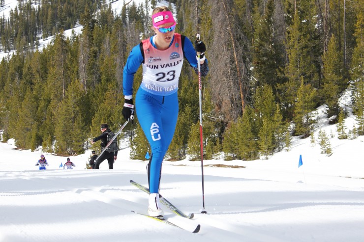 Sadie Bjornsen (USST/APU) skiing to win the 10 k classic at the 2015 SuperTour Finals in Sun Valley, Idaho. 