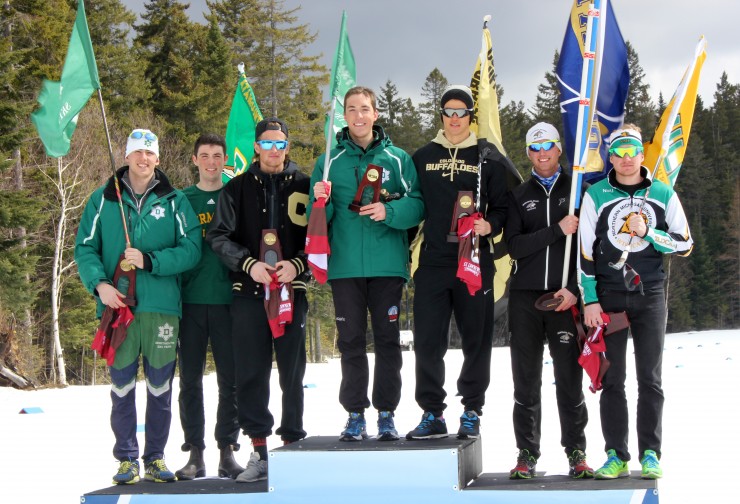 The men's 10 k freestyle interval start podium at the 2015 NCAA Championships in Lake Placid, N.Y. Taking the top three spots were Dartmouth's Patrick Caldwell, Denver's Moritz Madlener (not pictured), and Colorado's Rune Malo Ødegård.