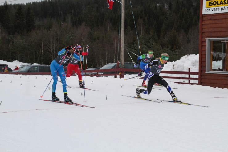 Hannah Halvorsen (Sugar Bowl Academy) out lunges her competitors in the final of the classic sprint at Norwegian Junior Nationals. (Photo: Skyler Mullings) 