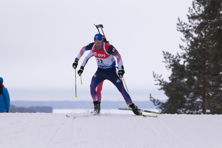 Leif Nordgren (US Biathlon) on his way to 45th in the 10 k sprint at 2015 IBU World Championships in Kontiolahti, Finland. (Photo: USBA/NordicFocus)