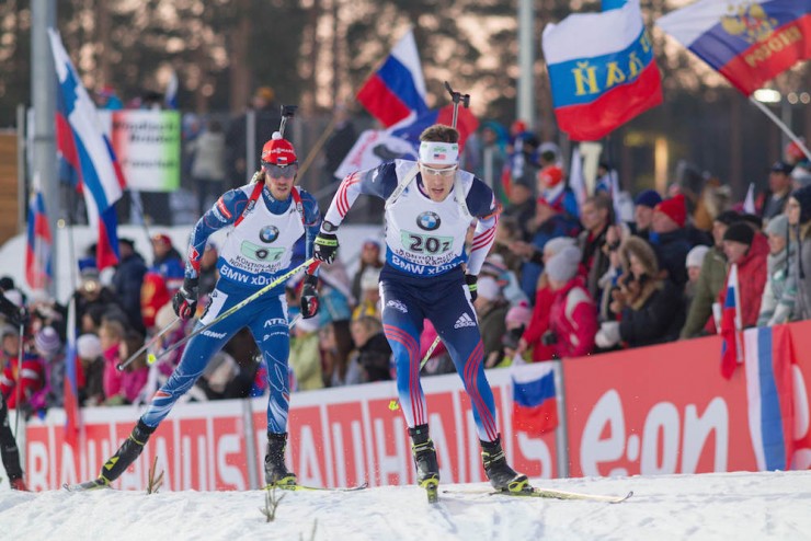 Leif Nordgren (US Biathlon) skiing the second leg for the U.S. men's relay team at 2015 IBU World Championships in Kontiolahti, Finland. After receiving the tag from Lowell Bailey in seventh, Nordgren handed off in eighth. (Photo: USBA/NordicFocus)