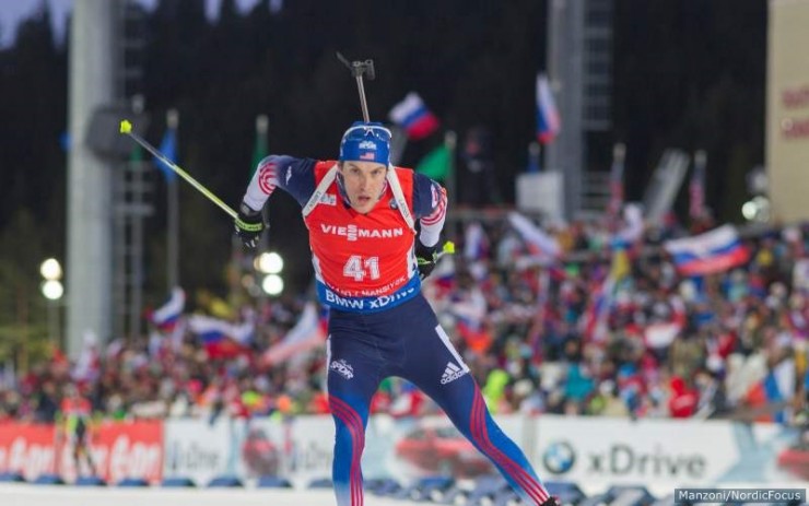Leif Nordgren (US Biathlon) racing to 21st in the men's 10 k sprint on Thursday at the IBU World Cup in Khanty-Mansiysk, Russia. (Photo: USBA/NordicFocus)