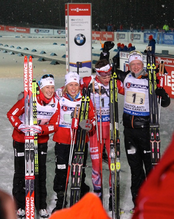 The Norwegian mixed relay team, with Fanny Well-Strand Horn, Tiril Eckhoff, Tarjei Bø, and Johannes Thingnes Bø after earning bronze at 2015 IBU World Championships in Kontiolahti, Finland. 