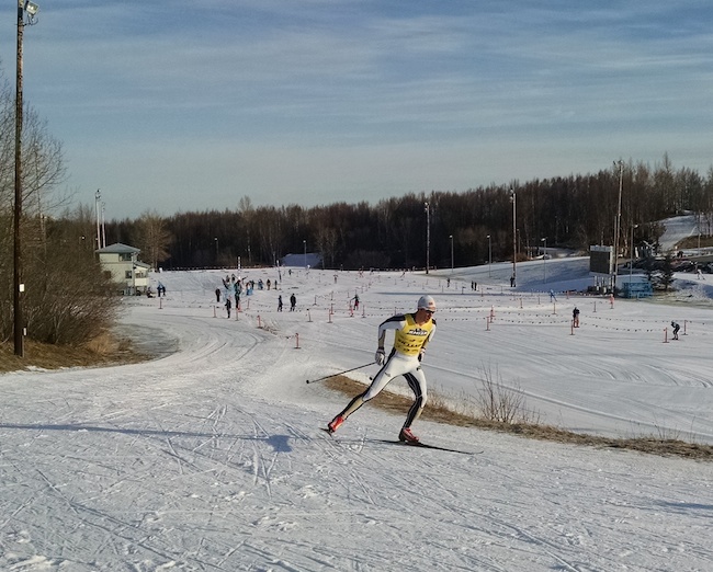 CU's Rune Ødegård racing to second place in the 10 k skate at Kincaid Park as part of RMISA Championships. (Photo: Tim Whiton)