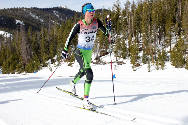 Caitlin Patterson (Craftsbury Green Racing Project) racing to ninth in the 10 k classic individual start on March 21 at 2015 Super Tour Finals in Sun Valley, Idaho.