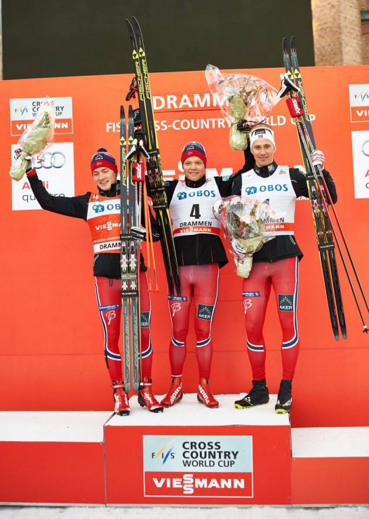 The all-Norwegian men's classic sprint podium in the last World Cup sprint of the season on Wednesday in Drammen, Norway: (from left to right) runner-up Finn Hågen Krogh, winner Eirik Brandsdal, and Ola Vigen Hattestad in third.  (Photo: Fischer/NordicFocus)