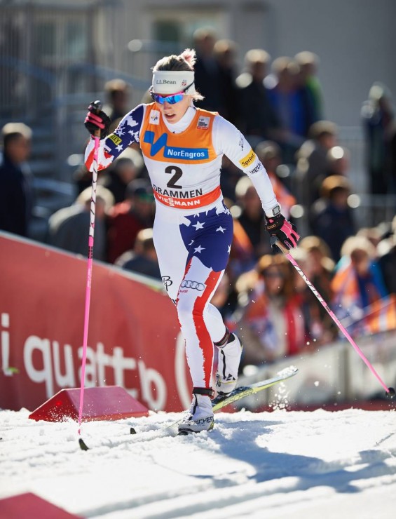 Kikkan Randall racing last season at the final World Cup classic sprint in Drammen, Norway. Randall, 32, will miss the 2015/2016 season as she is expecting her first child. (Photo: Fischer/NordicFocus)