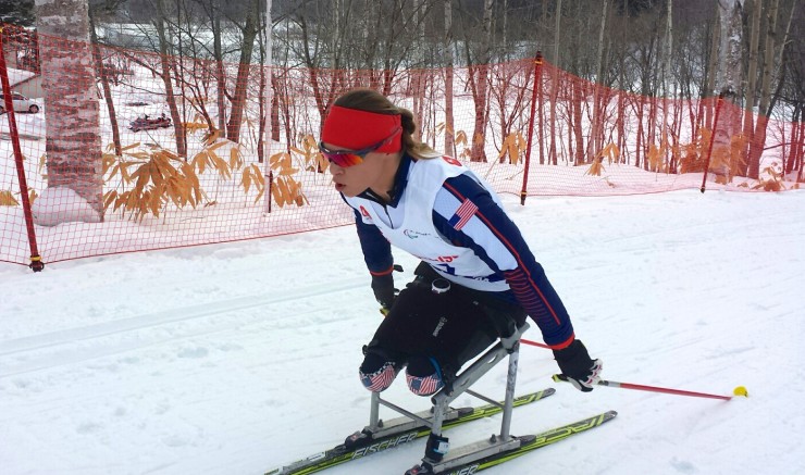 Oksana Masters racing to gold in the cross-country 5 k sit ski at the World Cup last month in Asahikawa, Japan.(Photo: Eileen Carey/U.S. Paralympics Nordic)