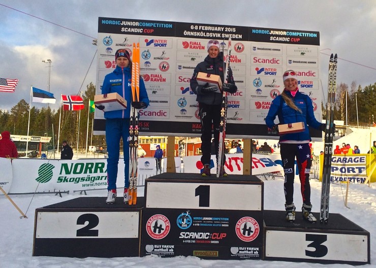 Hannah Halvorsen (Sugar Bowl Academy) sits in third place in the U18 Nations' Cup 5 k freestyle podium (Photo: USSA) 