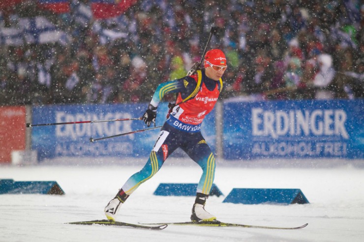Valj Semereko of Ukraine racing to bronze in Saturday's 7.5 k sprint at teh 2015 IBU World Championships in Kontiolahti, Finland. (Photo: Fischer/Nordic Focus)  