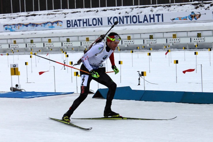 Canada's Nathan Smith leaves the range for the first time in Sunday's 12.5 k pursuit at the 2015 IBU World Championships in Kontiolahti, Finland. 