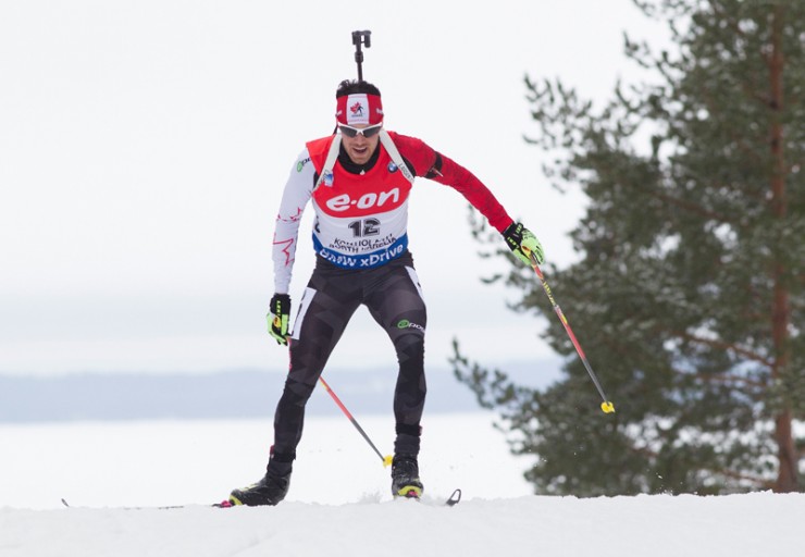 Nathan Smith (Biathlon Canada) racing to Canada's first men's medal at IBU World Championships on Saturday in the 10 k sprint in Kontiolahti, Finland. Smith achieved silver for his first career podium at the World-Cup level. (Photo: Fischer/NordicFocus)
