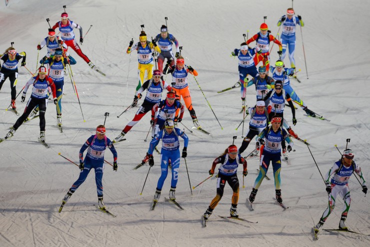 The start of the women's 4 x 6 k relay at 2015 IBU World Championships on Thursday in Kontiolahti, Finland, with Germany's Franziska Hildebrand out front, Canada's Megan Heinicke toward the left of the pack, and American Susan Dunklee in the back right. (Photo: USBA/NordicFocus)