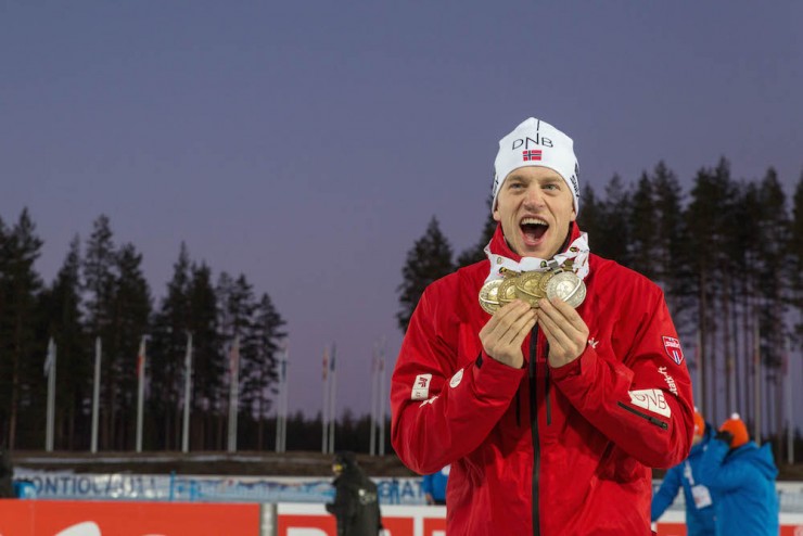 Norway's Tarjei Bø with his five medals from 2015 IBU World Championships in Kontiolahti, Finland. He took bronze on Sunday in the men's 15 k mass start, the final race. (Photo: Kontiolahden Urheilijat/Kari Kuninkaanniemi)