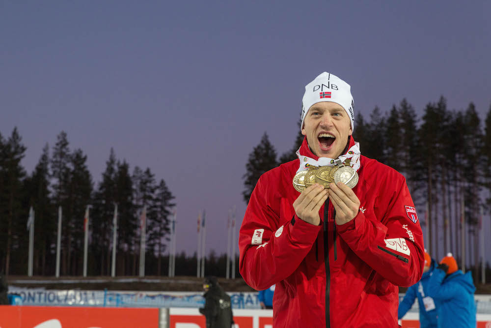 Norway's Tarjei Bø with his five medals from 2015 IBU World Championships in Kontiolahti, Finland. (Photo: Kontiolahden Urheilijat/Kari Kuninkaanniemi)