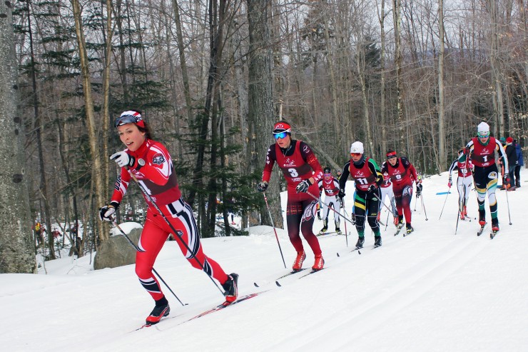 New Mexico's Emilie Cedervaern leads Utah's Veronika Mayerhofer in the first kilometers of Friday's 15 k classic mass start at the 2015 NCAA Championships in Lake Placid. 