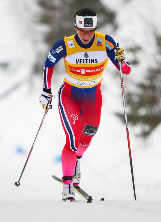 Norway's Marit Bjørgen striding to a 17-second win on March 8 in the final classic distance race of the season, the women's 10 k classic at the World Cup in Lahti, Finland. (Photo: Fischer/NordicFocus)