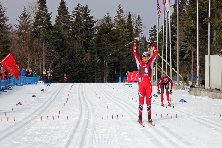 New Mexico's Emilie Cedervaern celebrates her win in Friday's 15 k classic mass start at the 2015 NCAA Championships in Lake Placid.