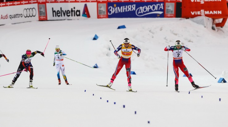 From l-r, Kikkan Randall (USA), Hanna Falk (SWE), Marit Bjørgen (NOR), and Ingvild Flugstad Østberg (NOR) in the final stretch of the 1.5-kilometer freestyle sprint in Lahti, Finland (Photo: Fischer/Nordic Focus) www.nordicfocus.com. © Laiho/NordicFocus. Every downloaded picture is fee-liable.
