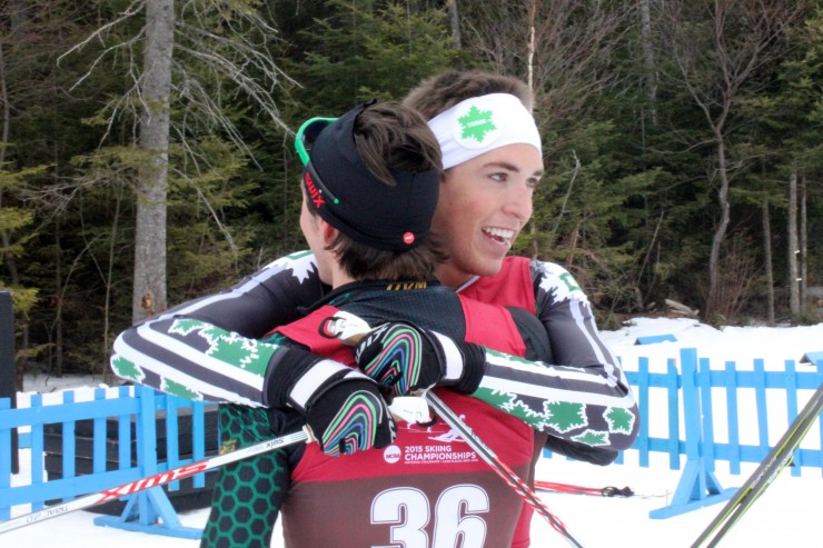 Dartmouth's Paddy Caldwell hugs Vermont's Rogan Brown at the finish of the 10 k freestyle at the 2015 NCAA Championships in Lake Placid, N.Y.