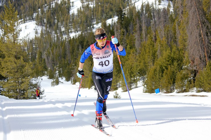 Liz Stephen (USST/Burke Mountain Academy) strides to third in Saturday's 10 k classic at the 2015 SuperTour Finals in Sun Valley, Idaho.  