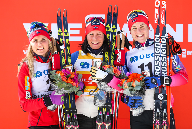 Marit Bjørgen (center) won her fifth Holmenkollen 30 k title on Sunday, besting Norwegian teammates Therese Johaug and Astrid Jacobsen. (Photo: Fischer/NordicFocus)