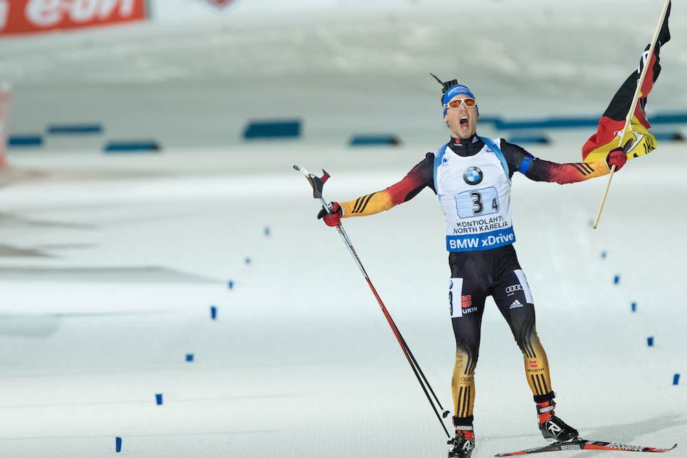 Germany's Simon Schempp soaks up his team's victory after anchoring the men's relay to gold at 2015 IBU World Championships in Kontiolahti, Finland. (Photo: Kontiolahden Urheilijat/Risto Kuittinen)  